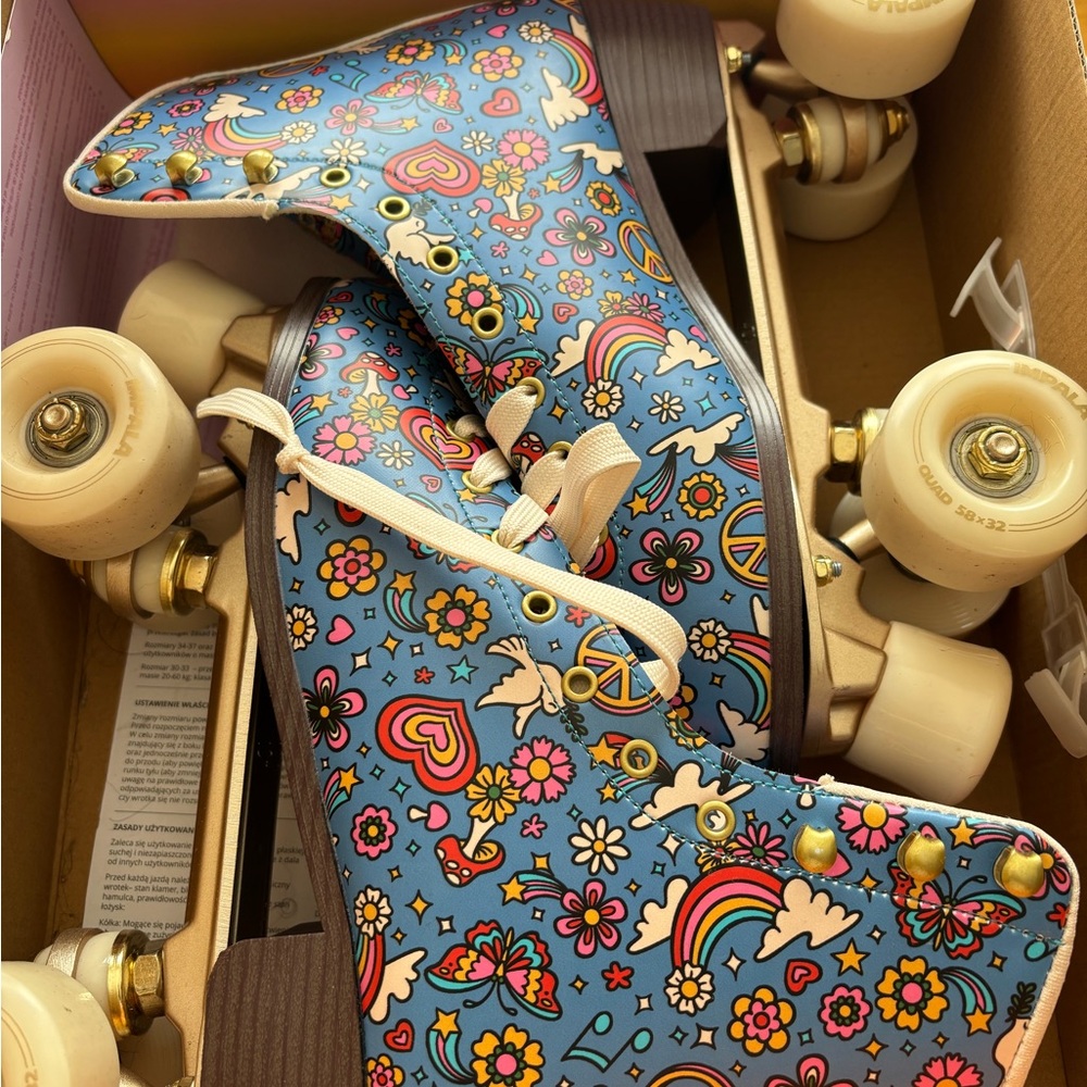 Colorful Roller Skates with Floral and Rainbow Design